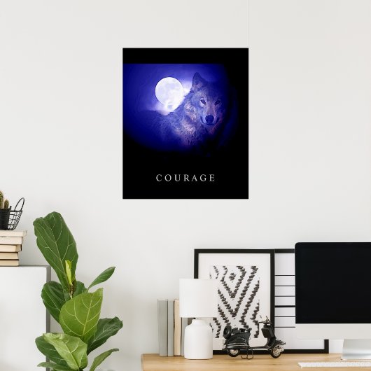 Motivatie Courage Wolf Blue Night Moon Poster (Thuiskantoor)