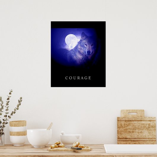 Motivatie Courage Wolf Blue Night Moon Poster (Keuken)