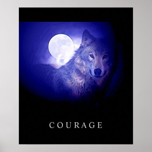 Motivatie Courage Wolf Blue Night Moon Poster (Voorkant)