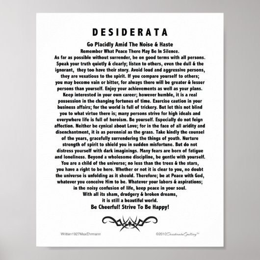 Motivatie Desiderata Poem door Max Ehrmann Poster (Voorkant)