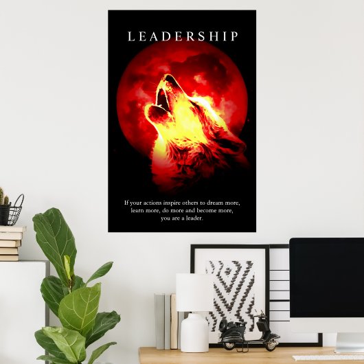 Motivatie leiderschap Wolf Red Night Moon Poster (Thuiskantoor)