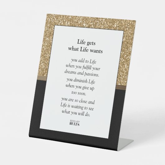 Motivatie Quote Luxe Gouden Glitter en Zwart Reclamebord Met Voetstuk (Voorkant)