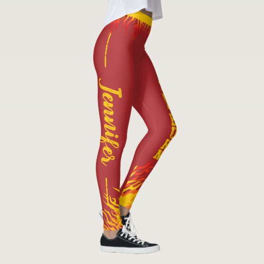 Motivatie vlammen met naam geel script op rood leggings (Rechts)