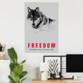 Motivatie vrijheid Citaat Wolf Pop Art Grey Red Poster (Thuiskantoor)