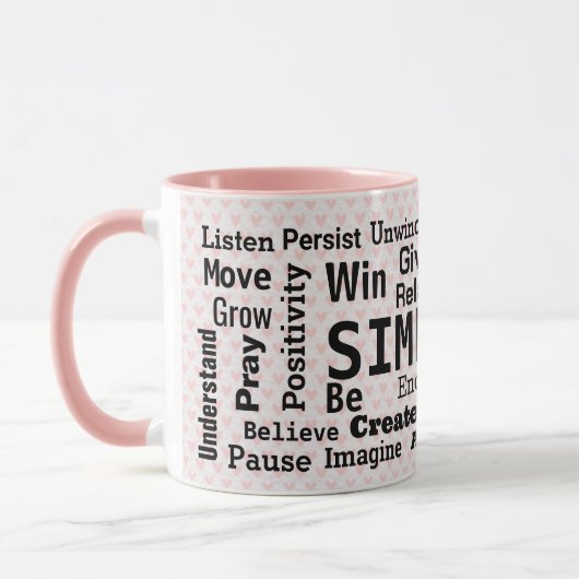 Motivatie woordwolk op roze harten mok (Links)