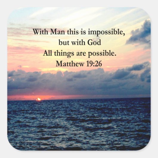 MOTIVEREND SUNRISE MATTHEW 19:26 PHOTO ONTWERP VIERKANTE STICKER (Voorkant)