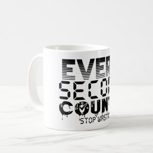 Motiverende koffiemok 'Elke seconde telt' (Voorkant links)