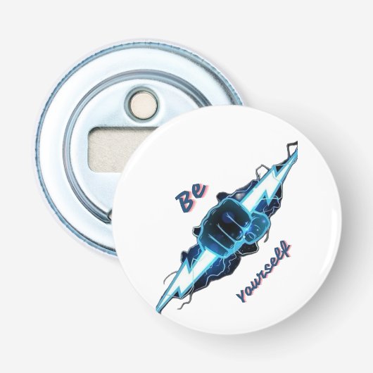 Motiverende "Wees Jezelf" Blauwe Bliksemschicht Vu Button Flesopener (Voorkant)