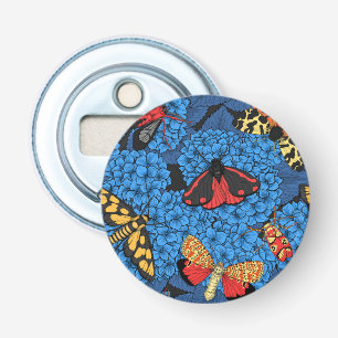 Motivering voor blauwe hydrangea button flesopener