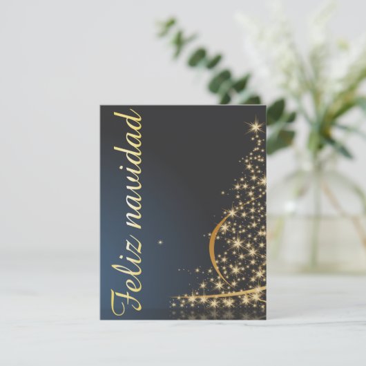 Motivo navideño azul con dorado árbol de navidad. kaart (Staand voorkant)
