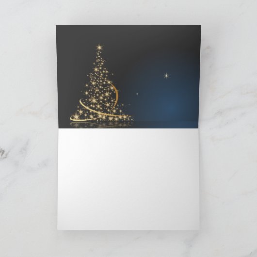 Motivo navideño azul con dorado árbol de navidad. kaart (Binnen)