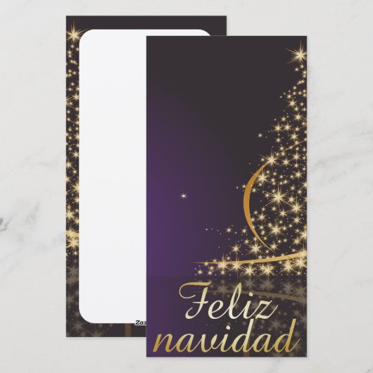 Motivo navideño morado oscuro con dorado árbol feestdagenkaart (Voorkant / Achterkant)
