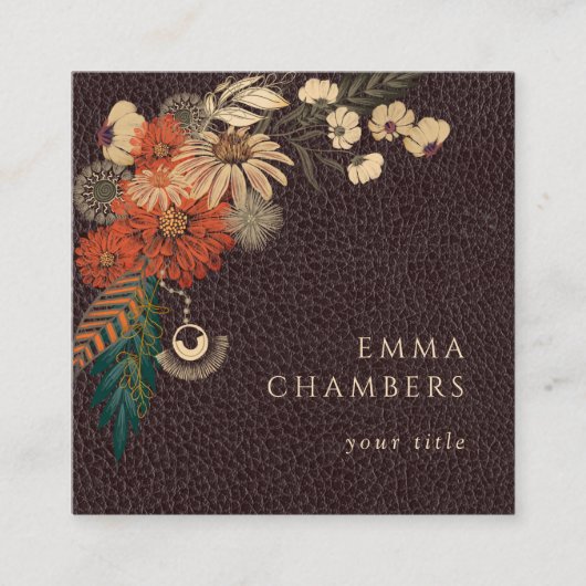 Moto Boho Floral Brown Leather Visitekaartje (Voorkant)