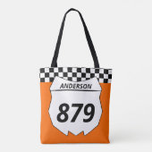 Motocross Bord Aangepast vuilnummer bij Oranje Tote Bag (Achterkant)