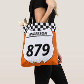Motocross Bord Aangepast vuilnummer bij Oranje Tote Bag (Dichtbij)