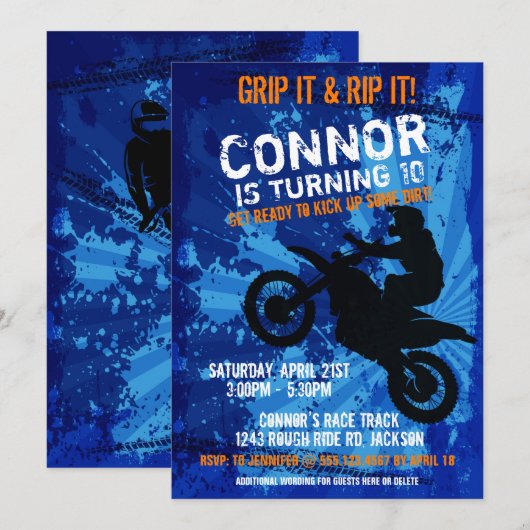 Motocross Dirt Bike Race Boys Birthday Party Invit Kaart (Voorkant / Achterkant)
