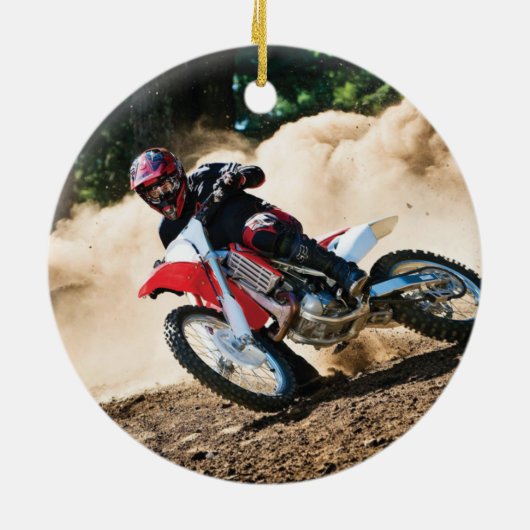 Motocross rijder gooit kussen keramisch ornament (Achterkant)