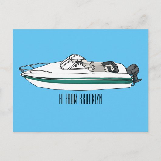 Motorboot cartoon illustratie briefkaart (Voorkant)