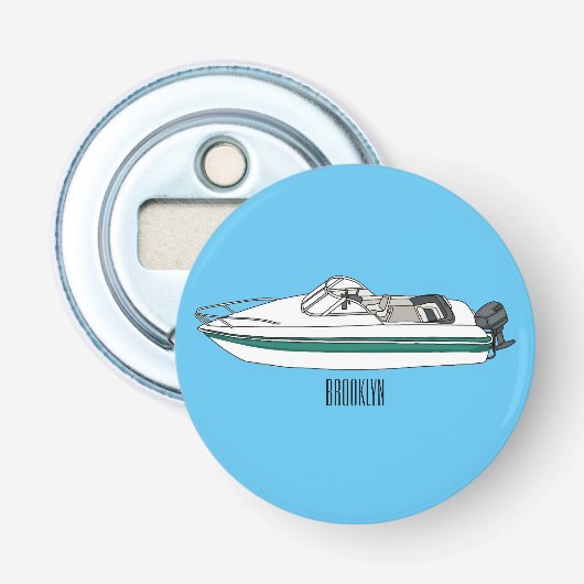 Motorboot cartoon illustratie button flesopener (Voorkant)