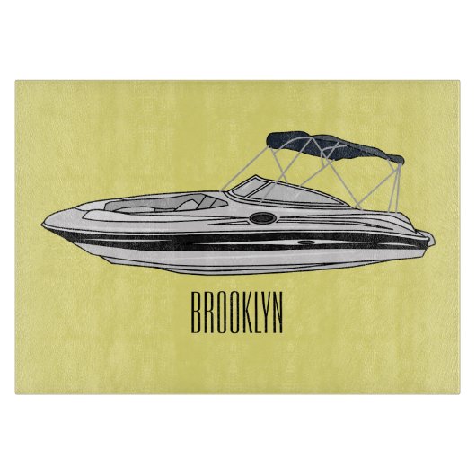 Motorboot cartoon illustratie snijplank (Voorkant)