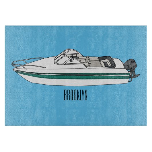 Motorboot cartoon illustratie snijplank (Voorkant)