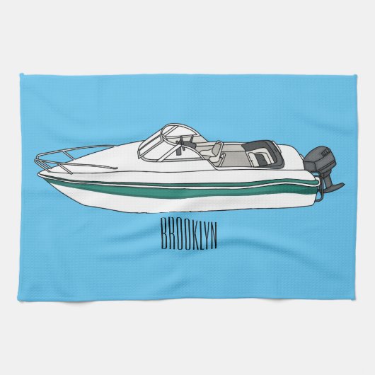 Motorboot cartoon illustratie theedoek (Horizontaal)
