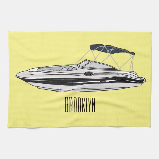 Motorboot cartoon illustratie theedoek (Horizontaal)