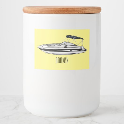 Motorboot cartoon illustratie voedselcontainer etiket (Voorkant)