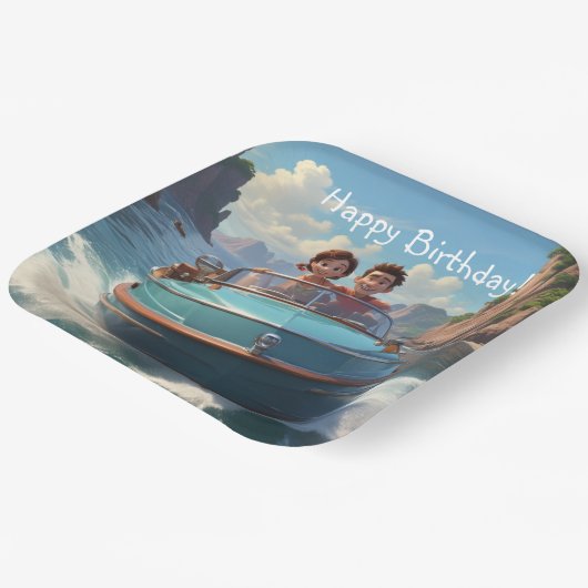 Motorboot Verjaardag Papieren Bordje (Gebogen)