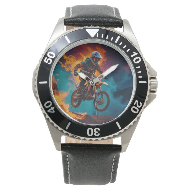 Motorcross Racer & vulkaanuitbarsting Horloge (Voorkant)