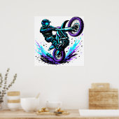 Motorcrossrijder doet een wheelie in levendige bew poster (Keuken)