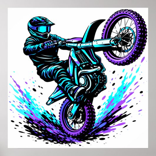Motorcrossrijder doet een wheelie in levendige bew poster (Voorkant)