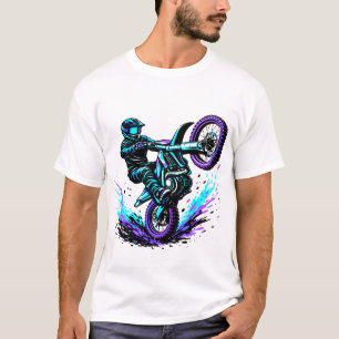Motorcrossrijder doet een wheelie in levendige bew t-shirt
