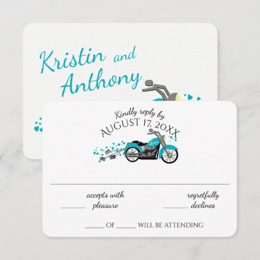 Motorcycle and Hearts Aqua Wedding Response Kaart (Voorkant / Achterkant)