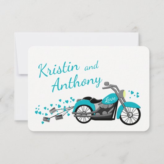 Motorcycle and Hearts Aqua Wedding Response Kaart (Achterkant)