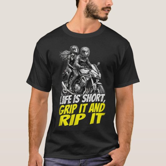 Motorcycle Couple Grip It And Rip It Biker T-Shirt (Voorkant)