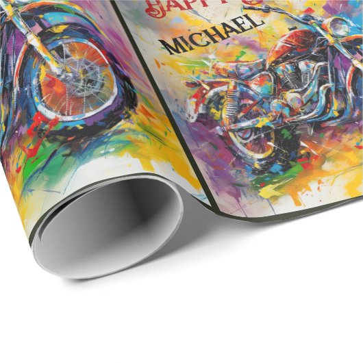 Motorcycle Painting Happy Birthday Naam toevoegen Cadeaupapier (Rol Hoek)