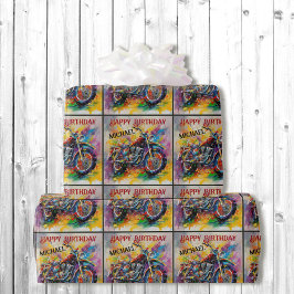 Motorcycle Painting Happy Birthday Naam toevoegen Cadeaupapier
