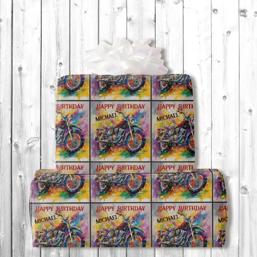 Motorcycle Painting Happy Birthday Naam toevoegen Cadeaupapier