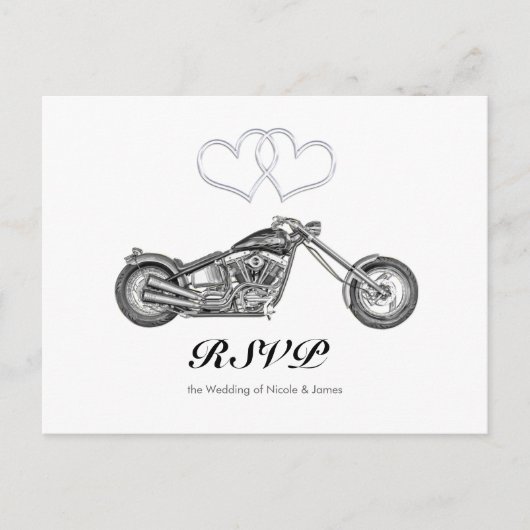 Motorcycle & Silver Hearts Biker Huwelijks RSVP Uitnodiging Briefkaart (Voorkant)