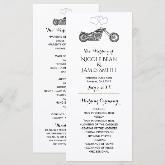 Motorcycle & Silver Hearts Biker Huwelijksprogramm Programmakaart (Voorkant / Achterkant)