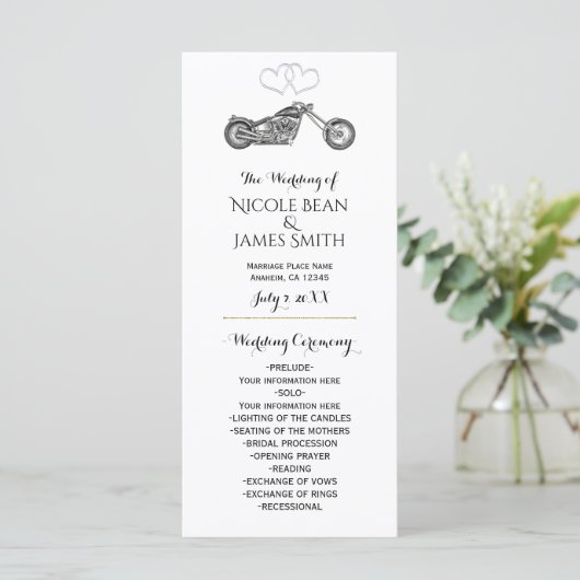 Motorcycle & Silver Hearts Biker Huwelijksprogramm Programmakaart (Staand voorkant)