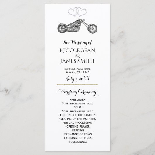 Motorcycle & Silver Hearts Biker Huwelijksprogramm Programmakaart (Voorkant)