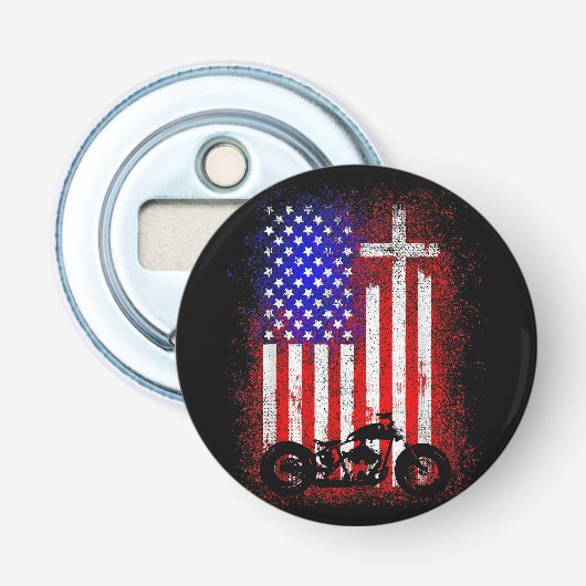  Motorcycle USA Flag Christelijk Geloof voor Bi Button Flesopener (Voorkant)