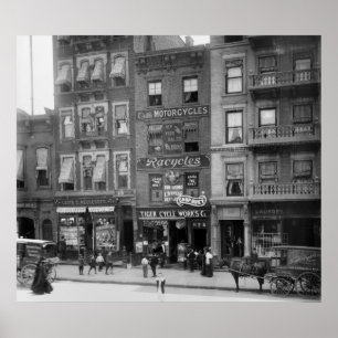 Motorcyclus en fietsenverkoop, 1910 poster