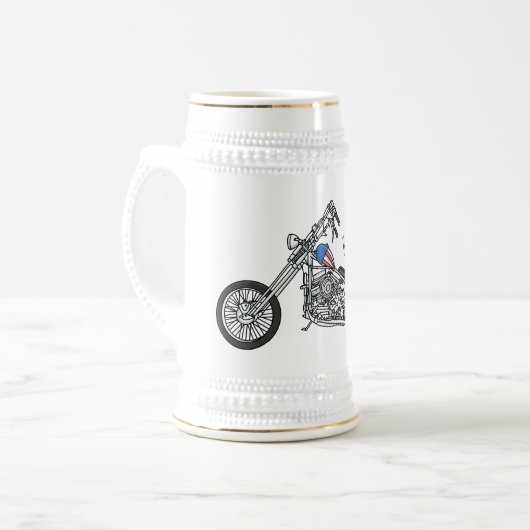 Motorfiets 1950 cartoon, afbeelding bierpul (Voorkant links)