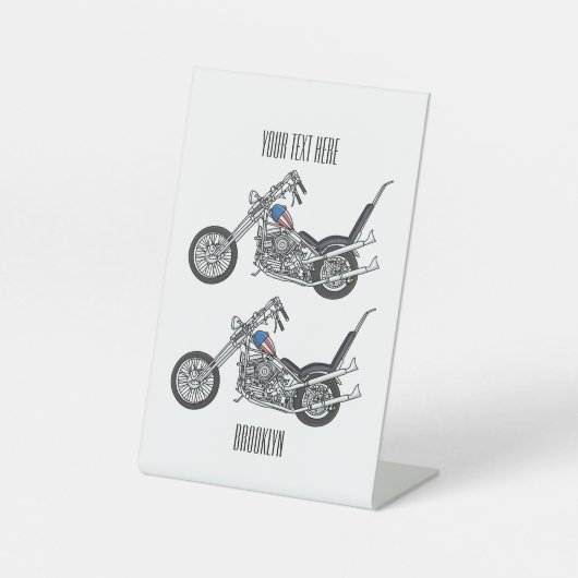 Motorfiets 1950 cartoon, afbeelding reclamebord met voetstuk (Voorkant)