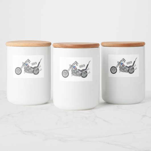 Motorfiets 1950 cartoon, afbeelding voedselcontainer etiket (Flessen)