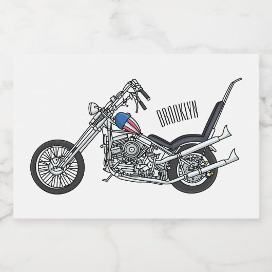 Motorfiets 1950 cartoon, afbeelding voedselcontainer etiket (Enkel label)