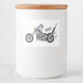 Motorfiets 1950 cartoon, afbeelding voedselcontainer etiket (Voorkant)